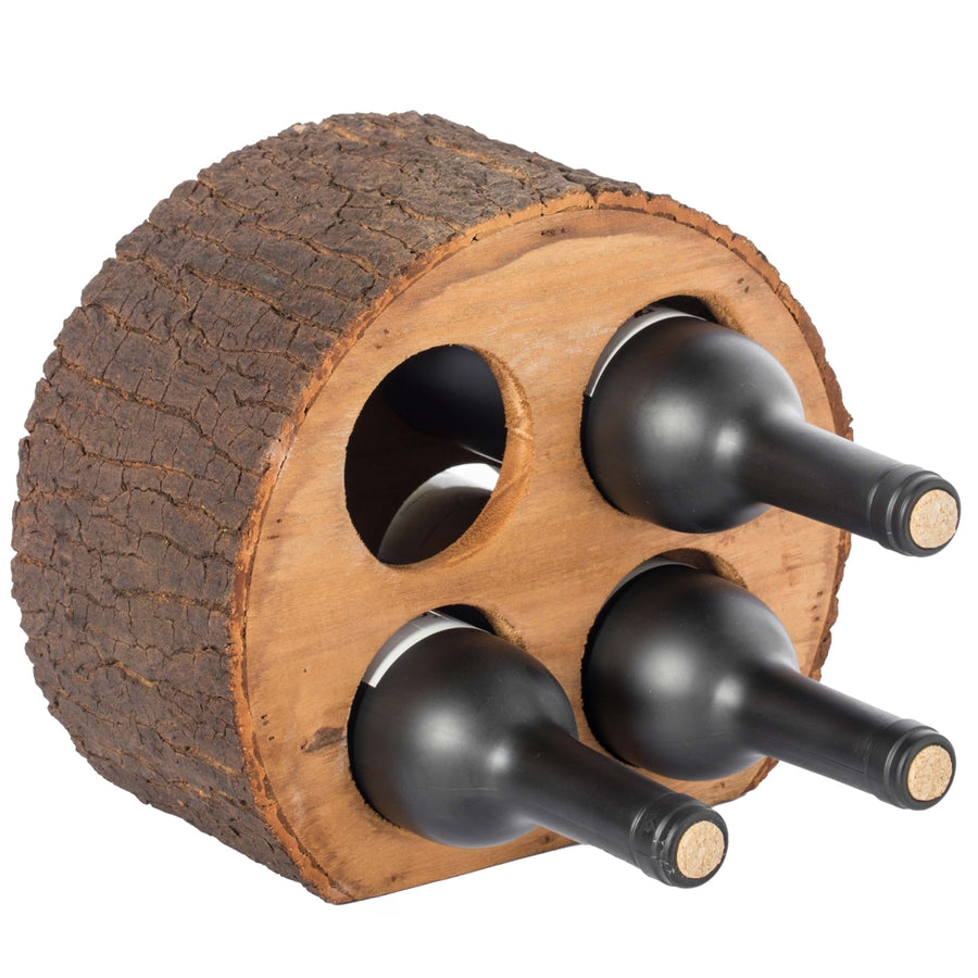 Round Wood Log Style with Bark 4 Bottle Countertop Wine Rack Holder Image 1