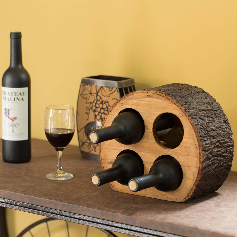 Round Wood Log Style with Bark 4 Bottle Countertop Wine Rack Holder Image 2