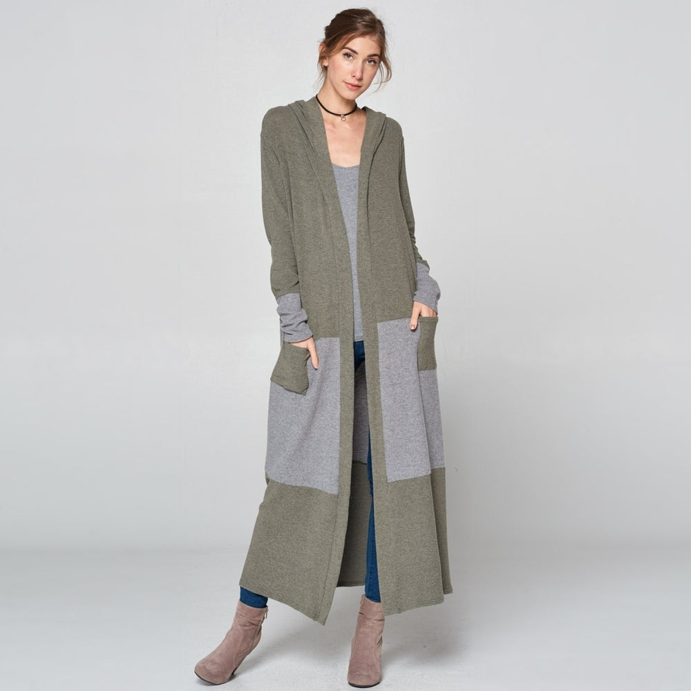 Olive and Gray Long Cardigan Image 2