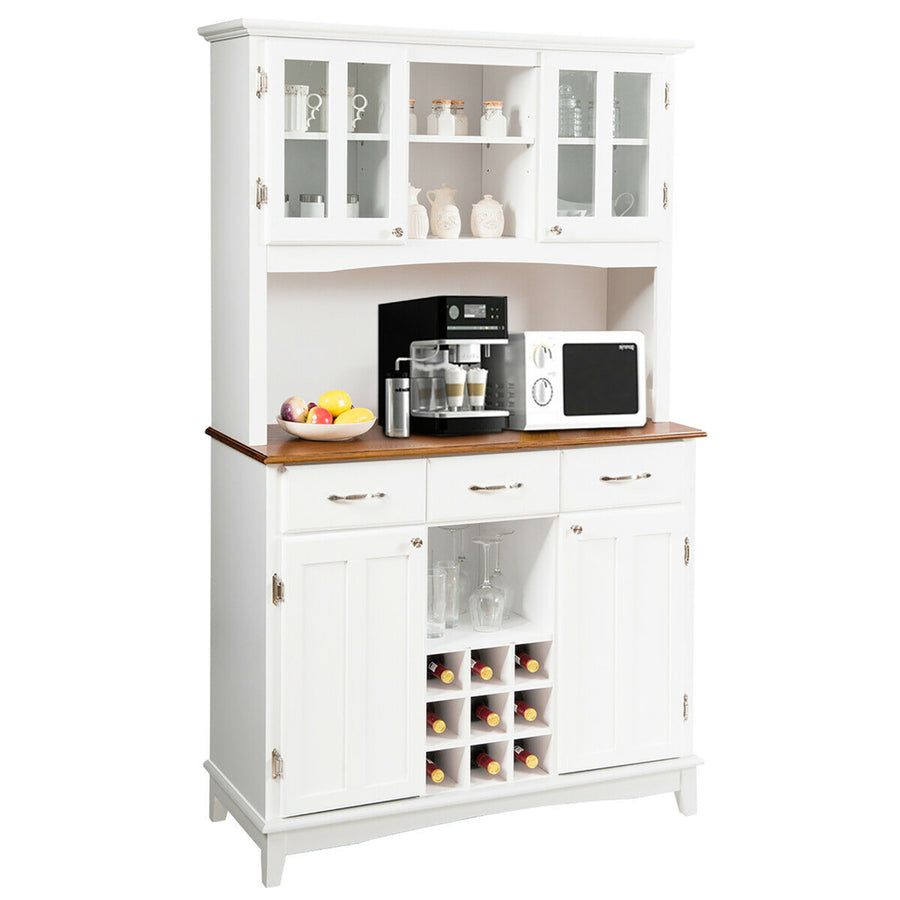 Buffet And Hutch Kitchen Storage Cabinet Cupboard w/ Wine Rack and Drawers White Image 1