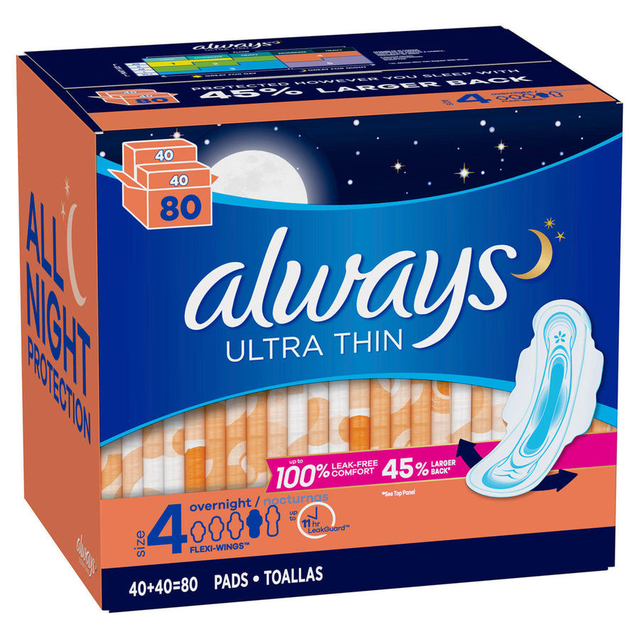 Always Ultra Thin Size 4 Overnight Pads With Wings Unscented (80 Count) Image 1
