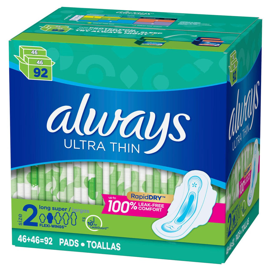 Always Ultra Thin Pads Size 2 Super Long Absorbency Unscented with Wings (92 ct) Image 1