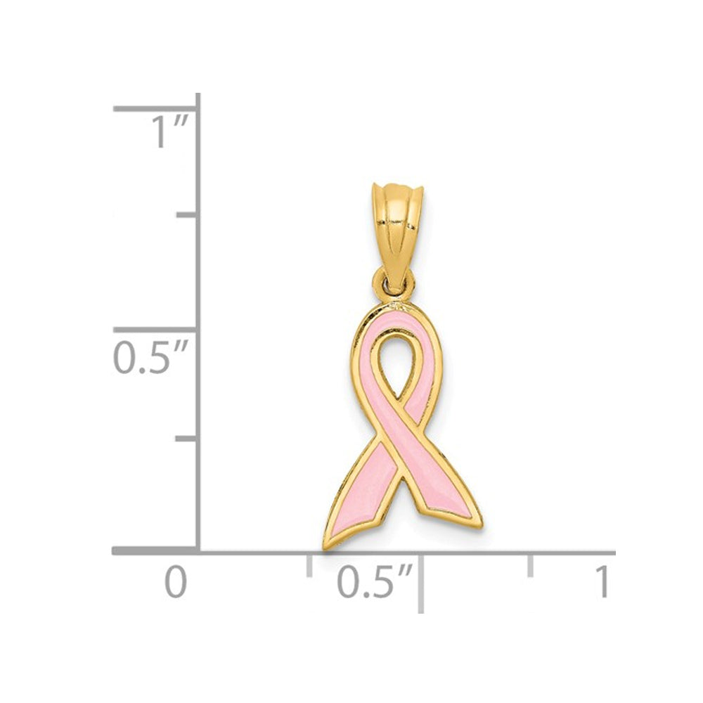 14K Yellow Gold Small Pink Enamel Awareness Ribbon Charm Pendant Necklace with Chain Image 2
