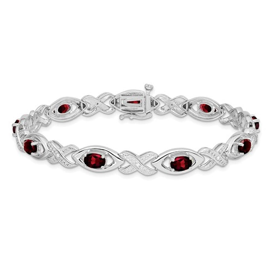 4.95 Carat (ctw) Oval Garnet Bracelet in Sterling Silver with Accent Diamonds Image 1