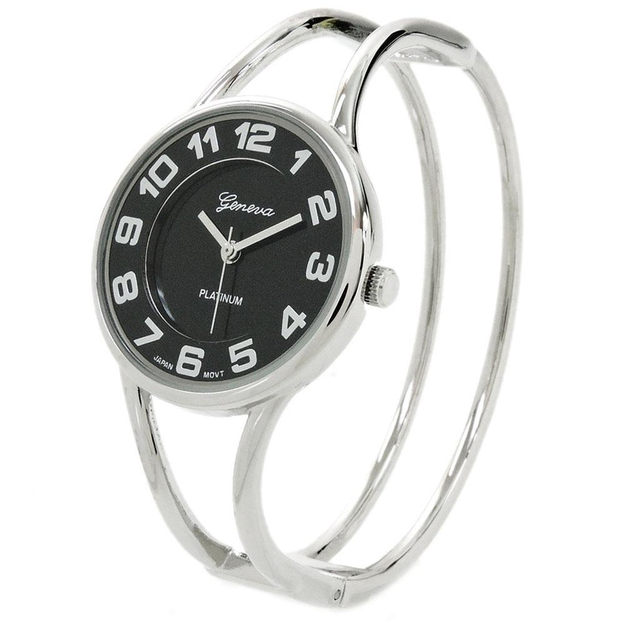 Silver Black Round Face Metal Double Band Fashion Womens Bangle Cuff Watch Image 1