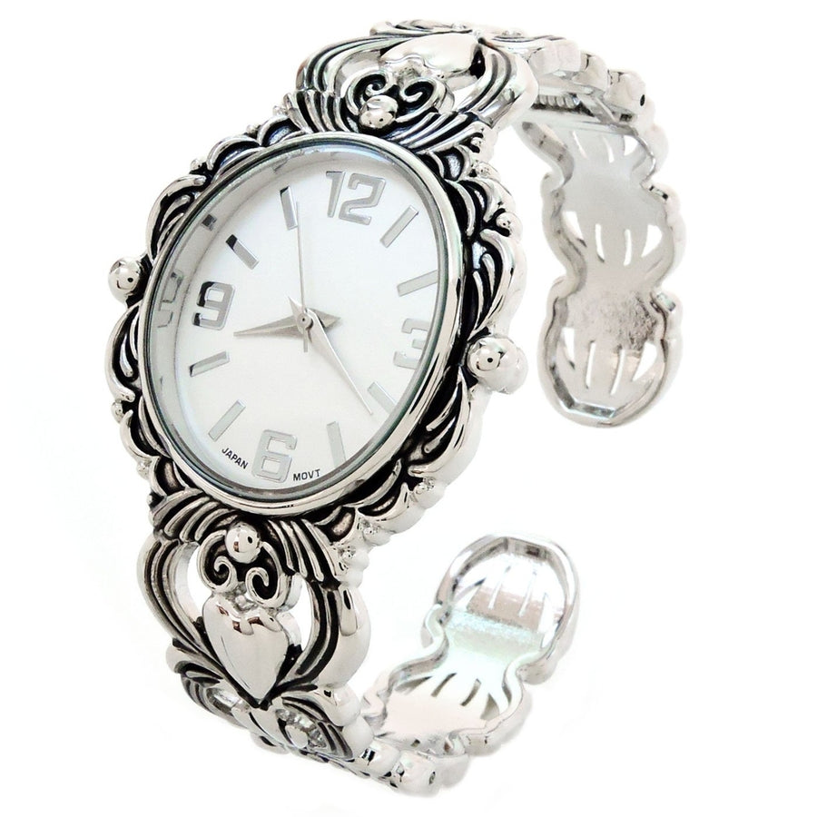 Silver Metal Decorated Large Oval Face Womens Bangle Cuff Watch Image 1
