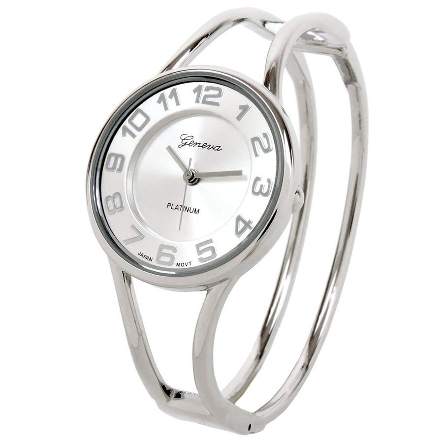 Silver Round Face Metal Double Band Fashion Womens Bangle Cuff Watch Image 1