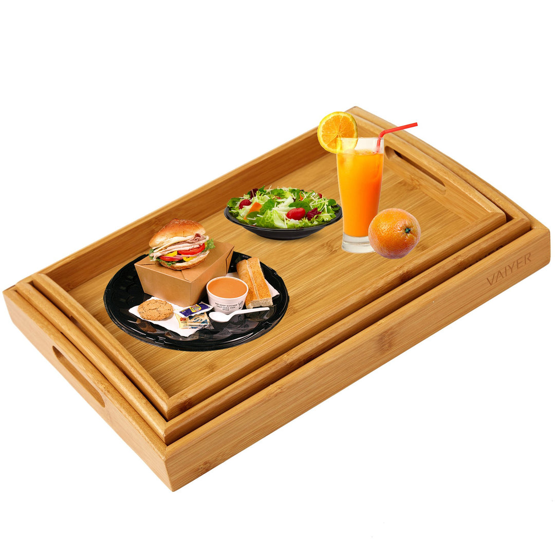 Vaiyer 3 Piece Bamboo Breakfast Serving Tray w/ HandlesNesting Serving Trays Platters Set for FoodBreakfastDinnerCoffee Image 1