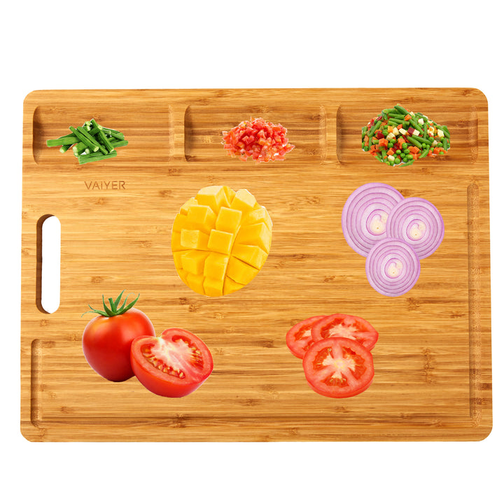 Vaiyer Bamboo Wood Cutting Board For KitchenWith 3 Built-in Compartments And Juice GroovesButcher BlockHeavy Duty Image 1