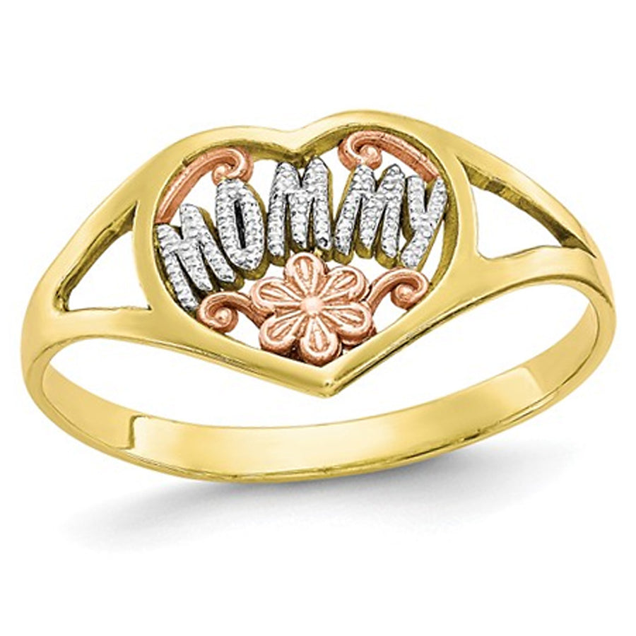 10K Yellow Gold Polished MOMMY Flower Heart Ring Image 1