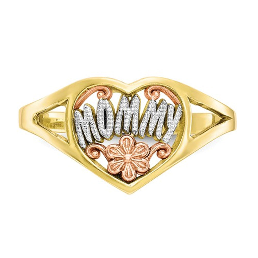 10K Yellow Gold Polished MOMMY Flower Heart Ring Image 2