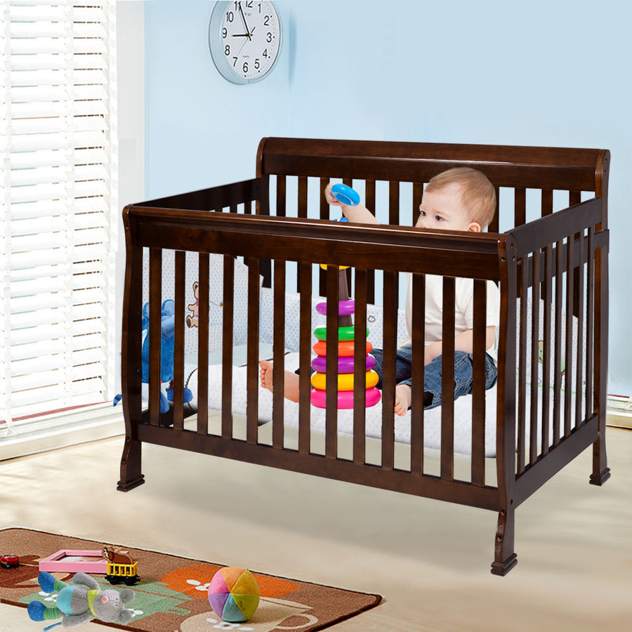 Coffee Pine Wood Baby Toddler Bed Convertible Crib Nursery Furniture Children Image 1