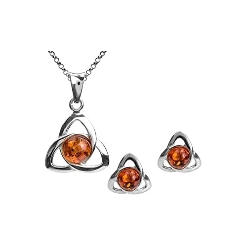 Amber Sterling Silver Celtic Earrings Pendant Necklace Set Chain 18" Image 1