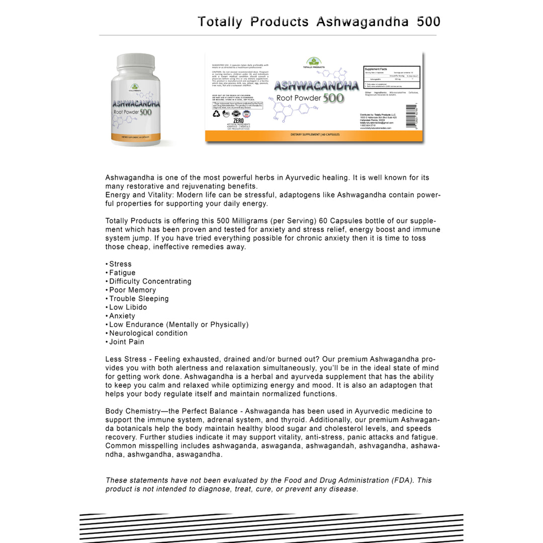 Totally Products Ashwagandha 500mg (180 capsules) Image 4