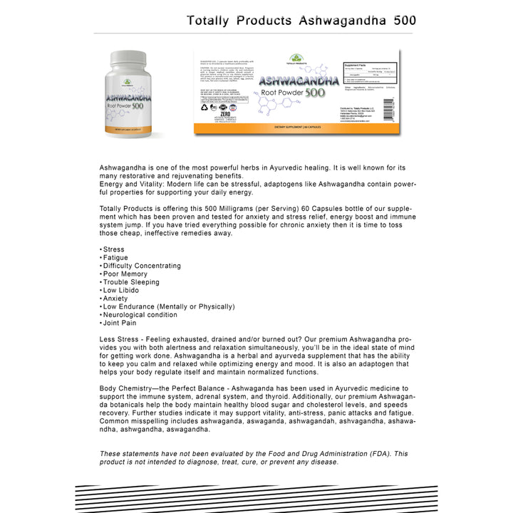 Totally Products Ashwagandha 500mg (180 capsules) Image 4