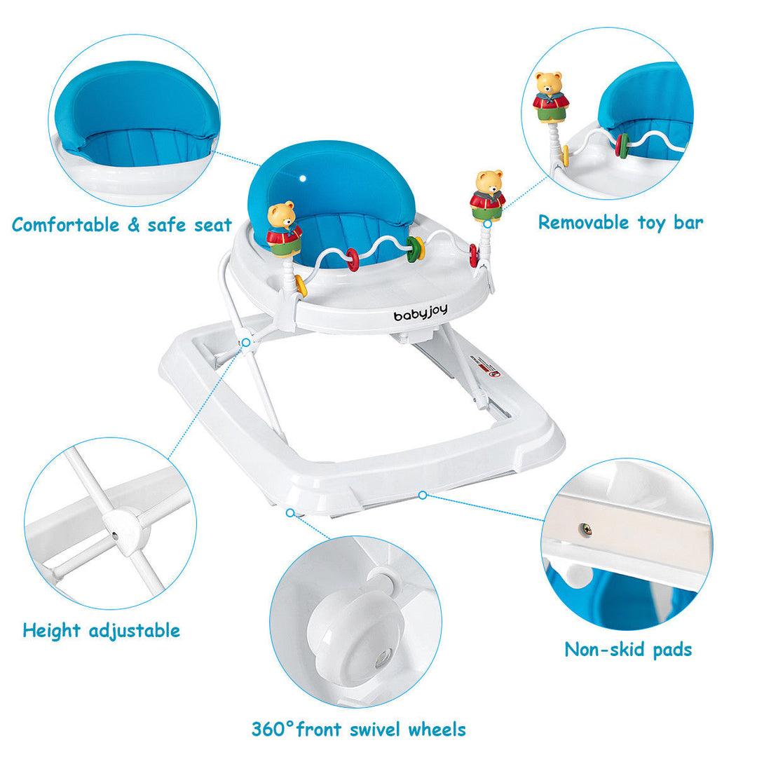 Baby Walker Adjustable Height Removable Toy Wheels Folding Portable Blue Image 4