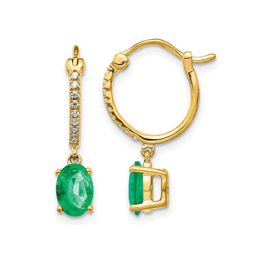 1.50 Carat (ctw) Emerald Hoop Dangle Earrings with Diamonds in 14K Yellow Gold Image 1