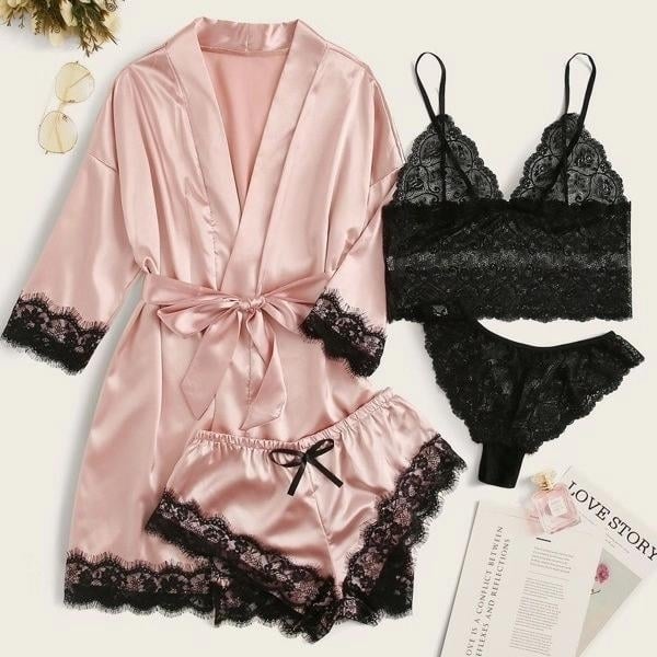 4pack Floral Lace Lingerie Set With Satin Belted Robe Image 1