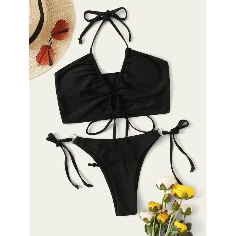 Halter Tie Front Ring-link Thong Bikini Swimsuit Image 2