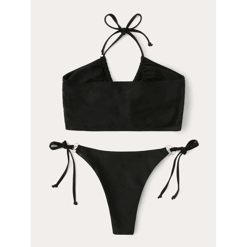 Halter Tie Front Ring-link Thong Bikini Swimsuit Image 3