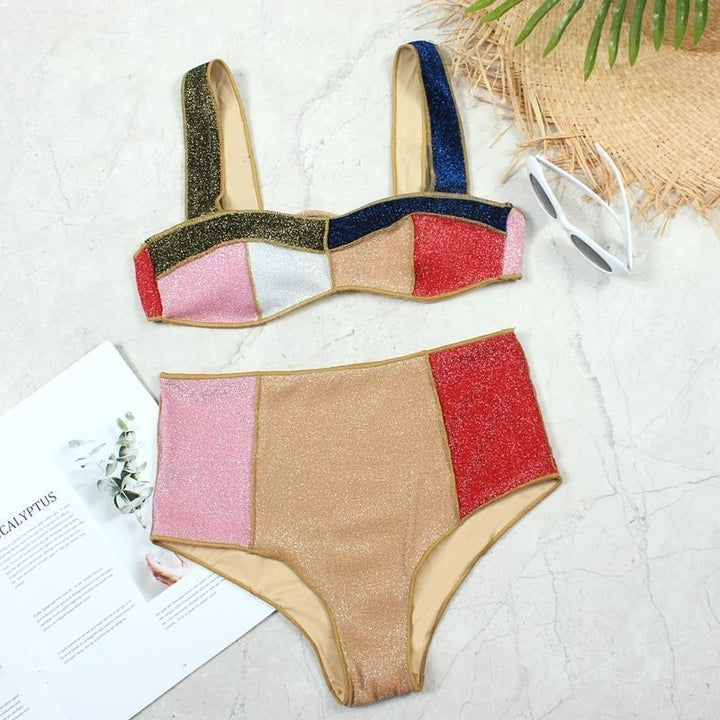 high waist womens bikini hot gold silk stitching swimwear Image 4