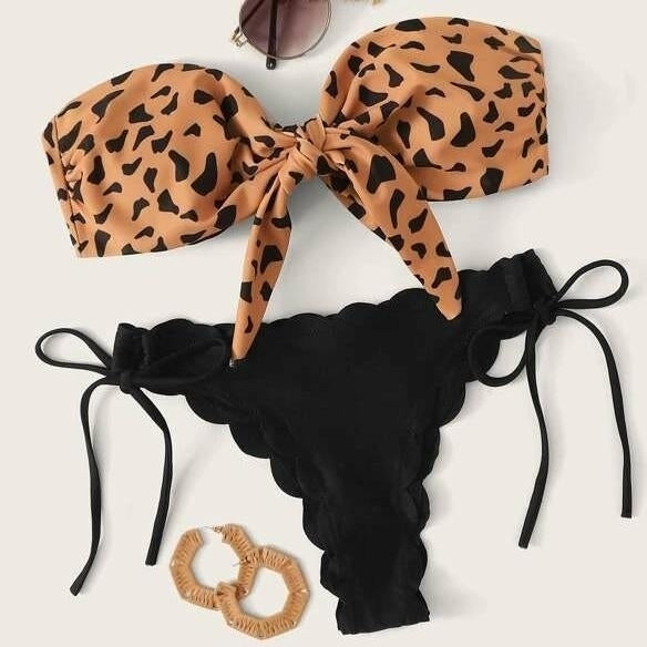 Leopard Knot Front Bandeau Bikini Swimsuit Image 1