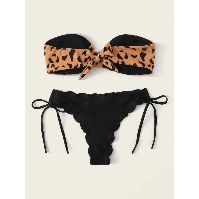 Leopard Knot Front Bandeau Bikini Swimsuit Image 2