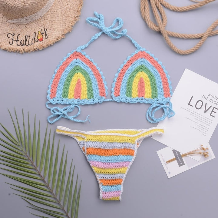 sexy hollow straps halter handmade knitted Bikini Set Swimsuit Swimwear Image 4