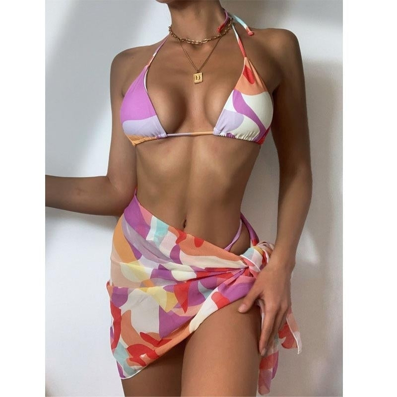 splicing color sexy backless bikini three-piece suit lace-up Bikini Set Swimsuit Swimwear Image 2