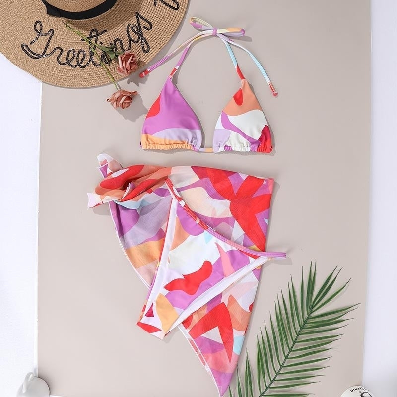 splicing color sexy backless bikini three-piece suit lace-up Bikini Set Swimsuit Swimwear Image 4