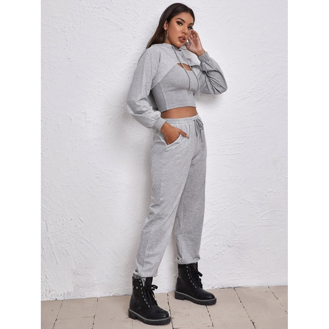 sports drawstring hoodie loose stacking short short camisole sweater two-piece suit Image 6