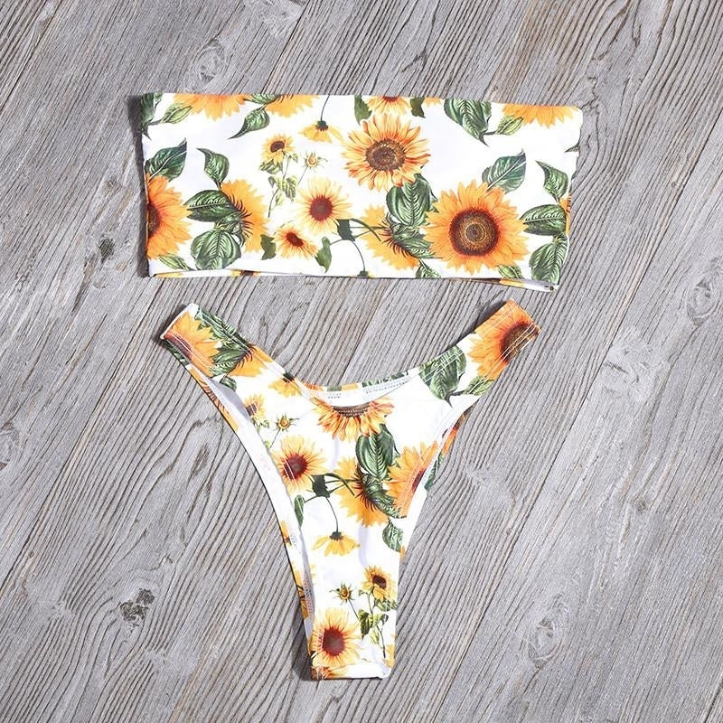 Sunflower Print Strapless Beach Bikini Swimsuit Image 4