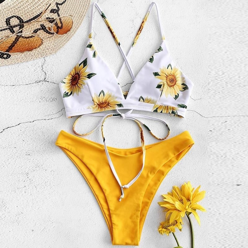 Sunflower Print Triangle Thong Bikini Swimsuit Image 1
