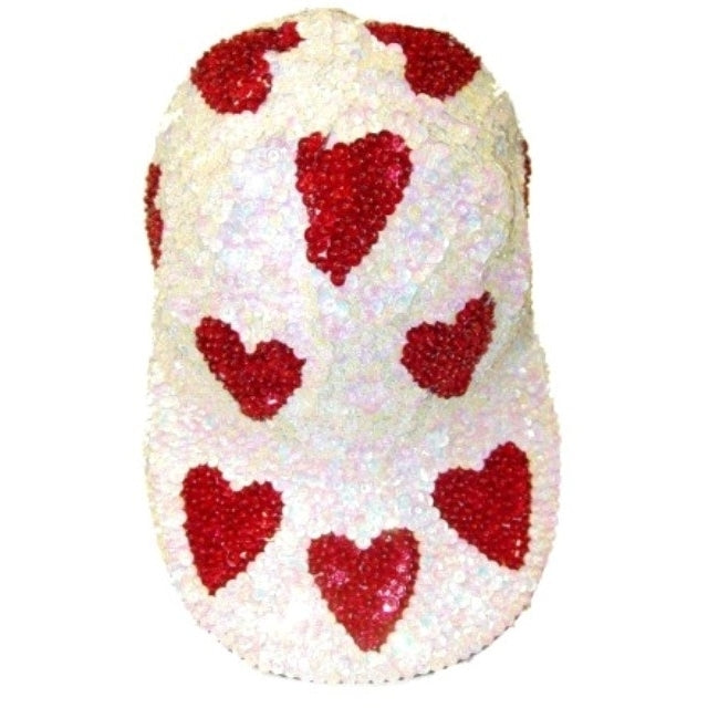 Sequin Baseball Cap Opal White with Red Hearts Image 1