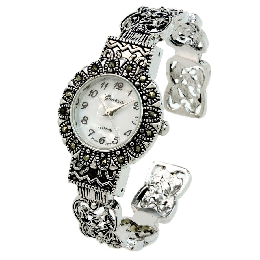Silver Black Vintage Style Marcasite Round Face Bangle Cuff Watch for Women Image 1