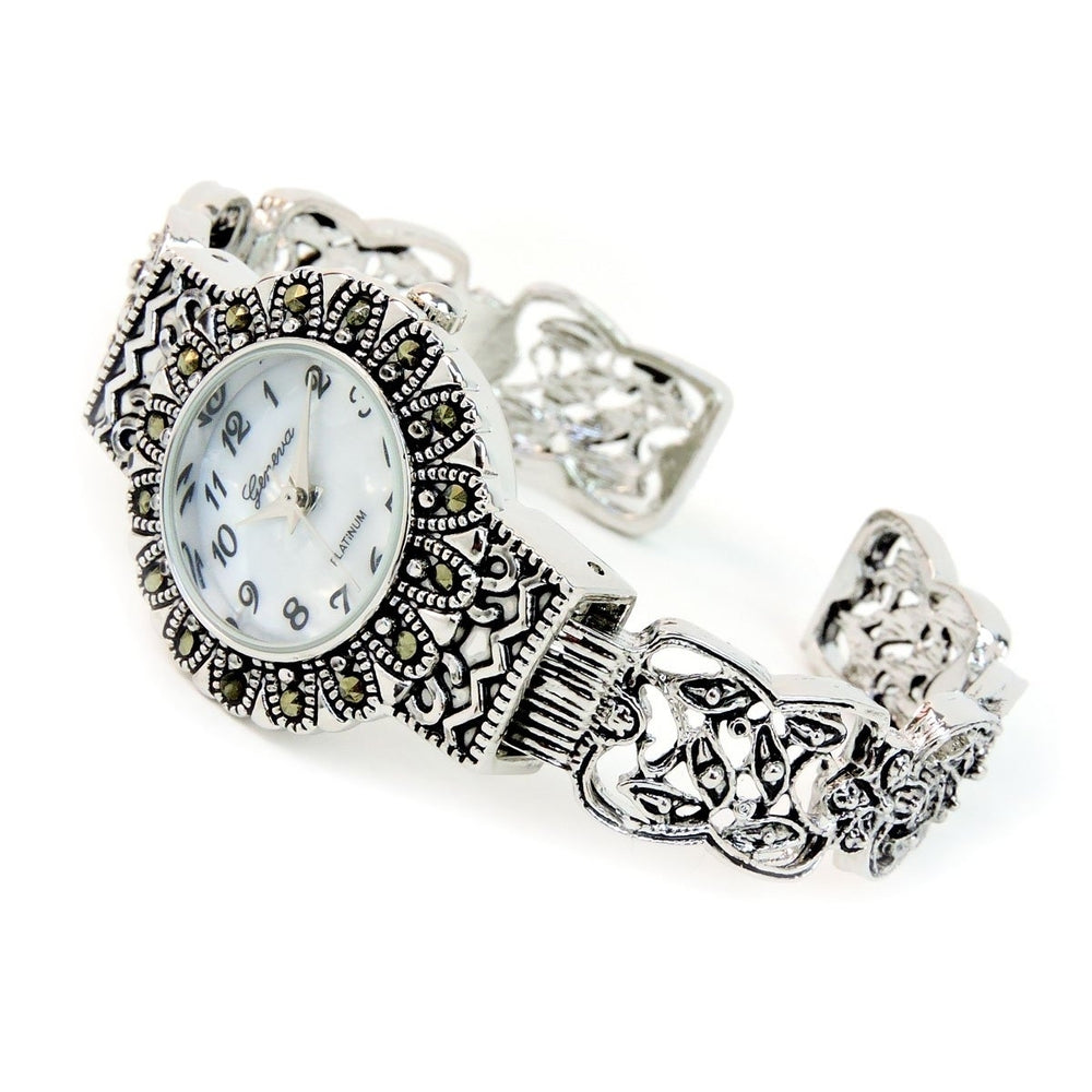 Silver Black Vintage Style Marcasite Round Face Bangle Cuff Watch for Women Image 2