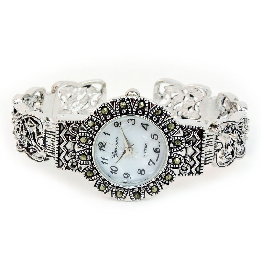 Silver Black Vintage Style Marcasite Round Face Bangle Cuff Watch for Women Image 3