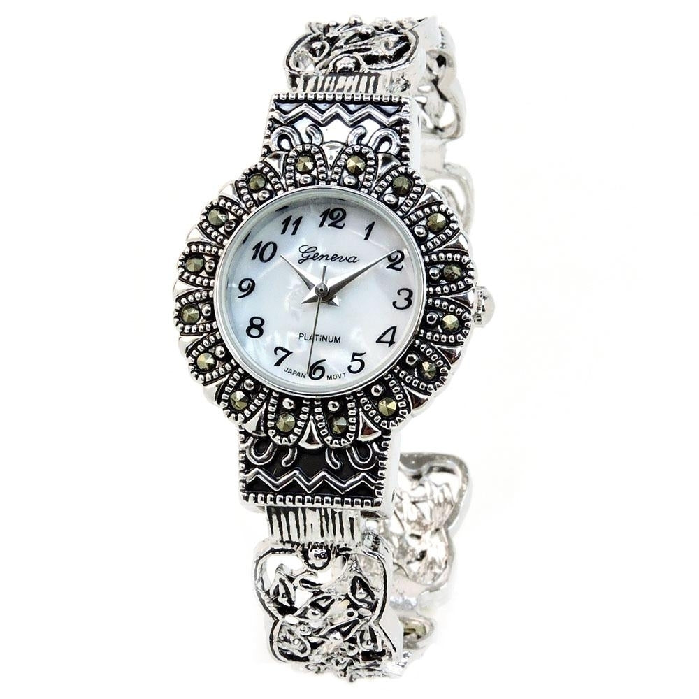 Silver Black Vintage Style Marcasite Round Face Bangle Cuff Watch for Women Image 4