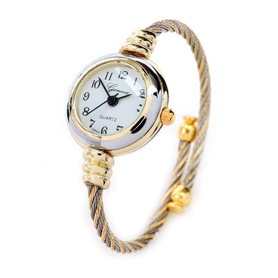 Two Tone Gold Silver Geneva Cable Band Ladies Bangle Watch Image 1