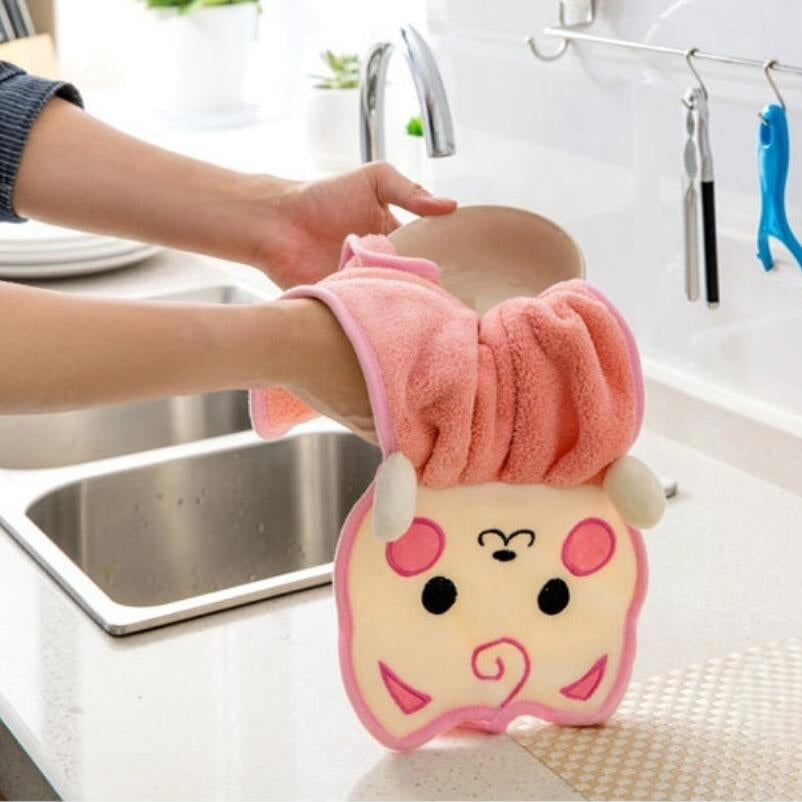 2-Pack Cute Thick Hanging Hand Towel Wipe Pink Blue Image 2