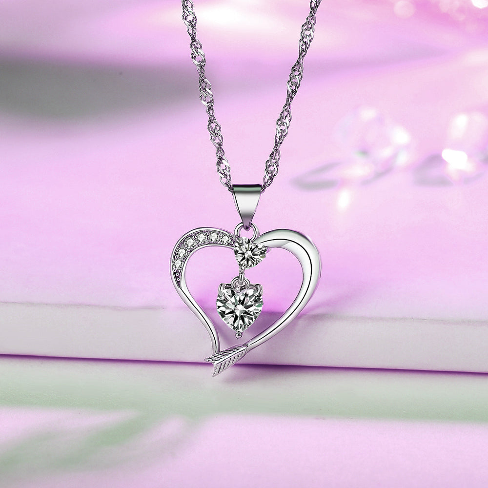 14k White Gold Plated Cubic Zirconia Arrow Love Heart Pendant necklace for Women Image 2