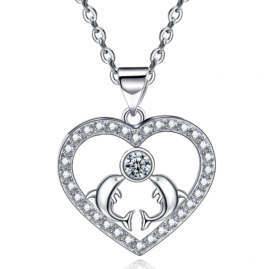 14k White Gold Plated Cubic Zirconia Dolphin Heart Pendant Necklace Image 1