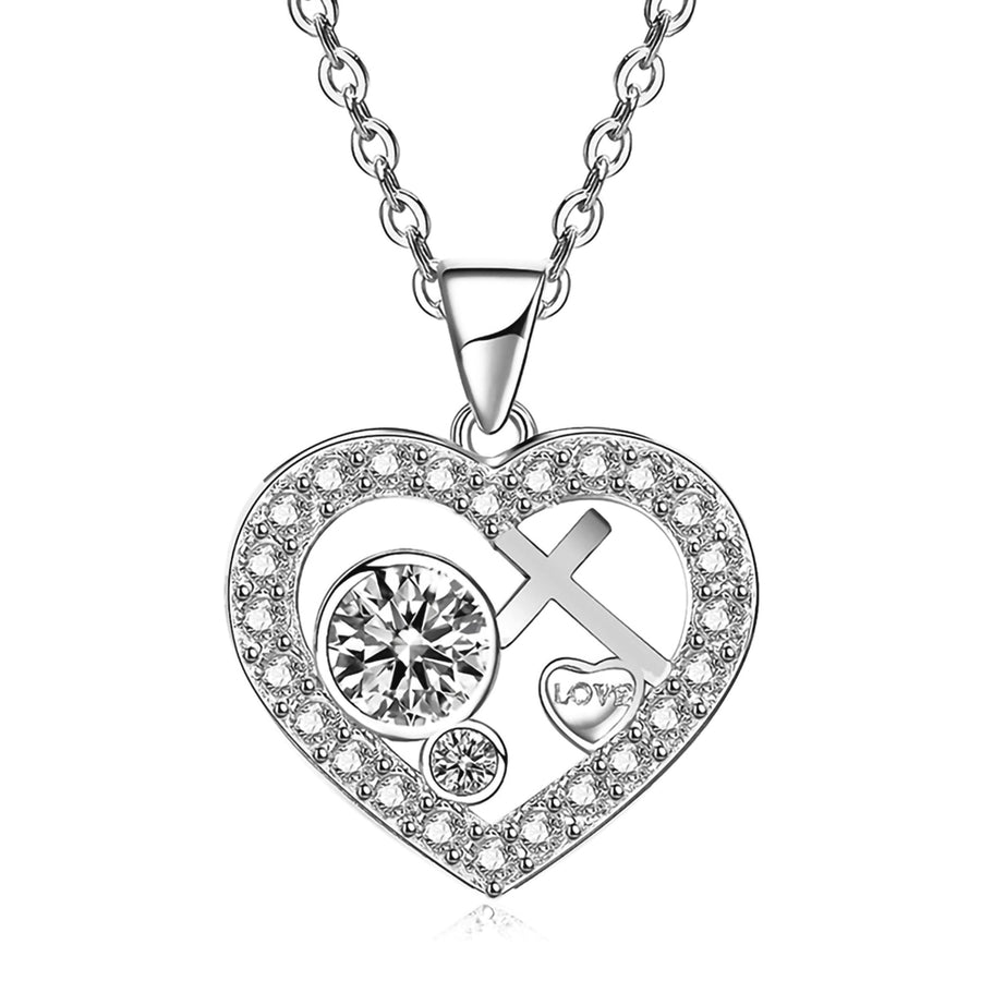 14k White Gold Plated Cubic Zirconia Cross Heart Pendant Necklace for Women Image 1