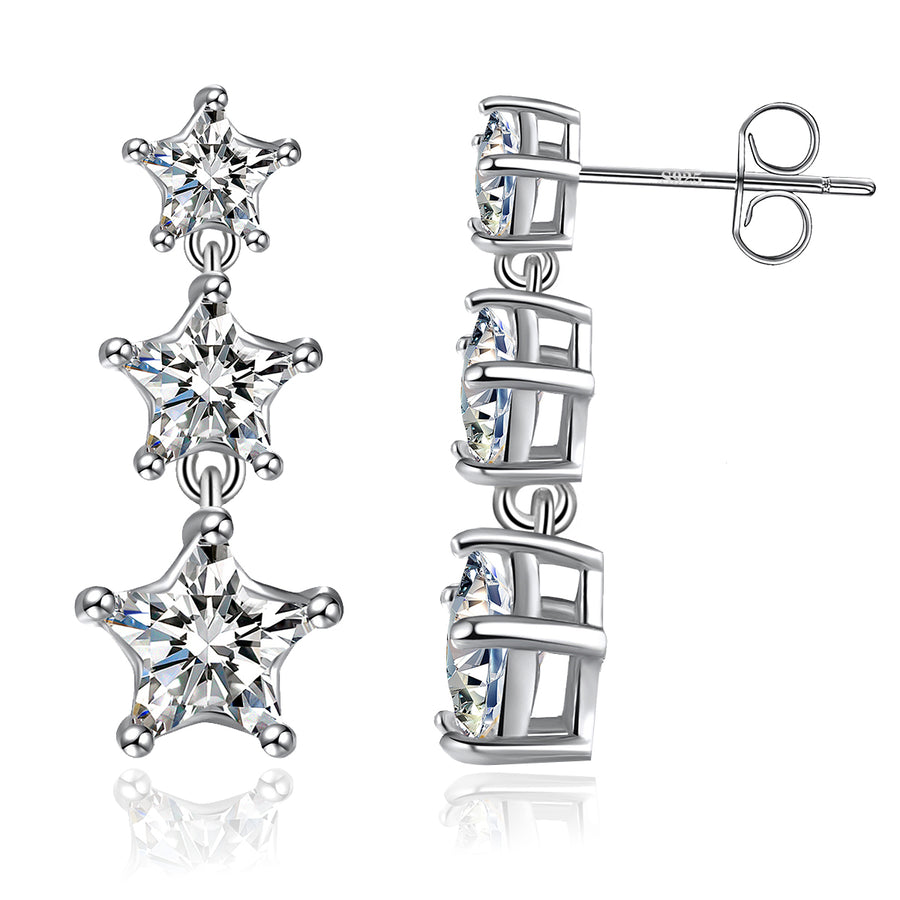 .925 Sterling Silver Five Point Star Cubic Zirconia Dangle Stud Earring Image 1