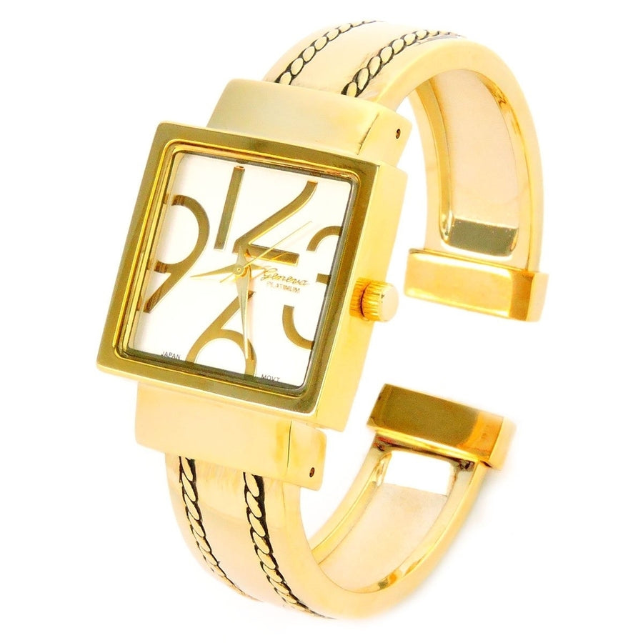 Gold Square Dial with Oversized HoursStitch Style Bangle Cuff Watch for Women Image 1