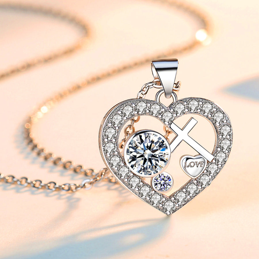 14k White Gold Plated Cross Love Heart Pendant Necklace for Women Image 1
