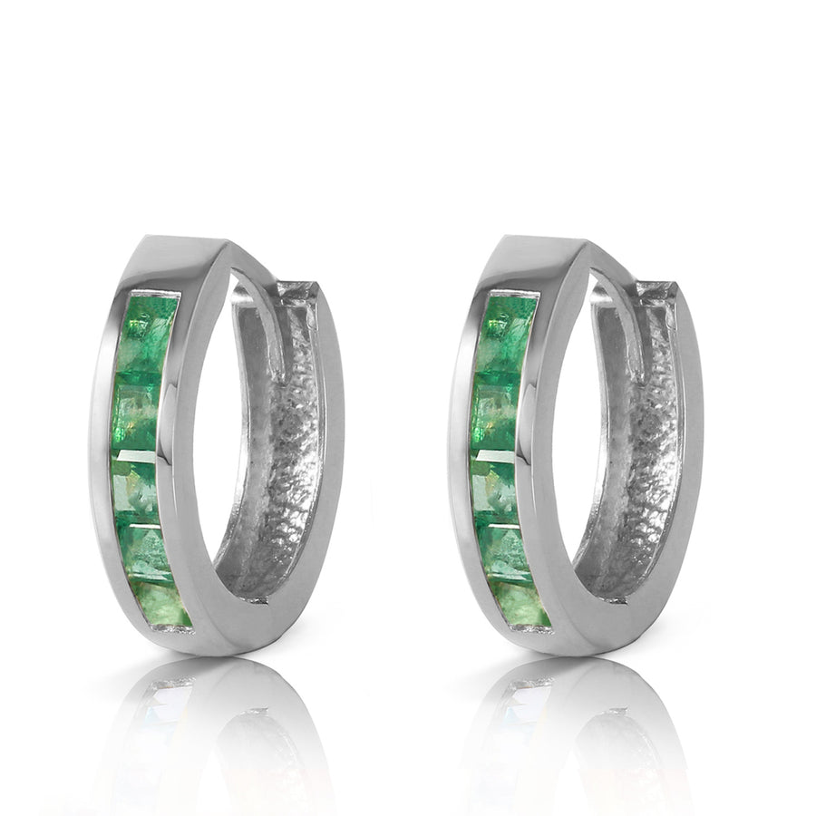 14k White Gold Hoop Huggie Earrings with Natural Emeralds Image 1
