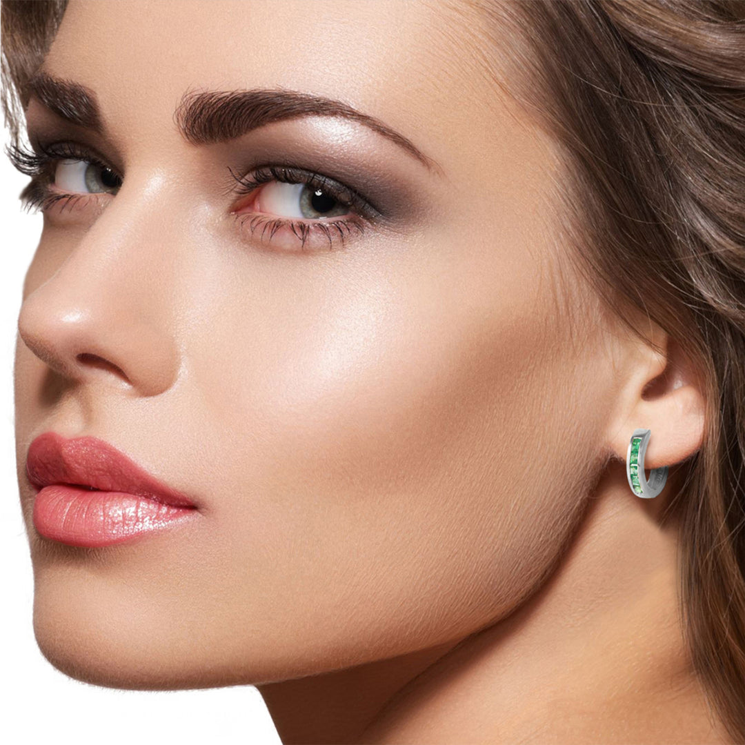 14k White Gold Hoop Huggie Earrings with Natural Emeralds Image 4