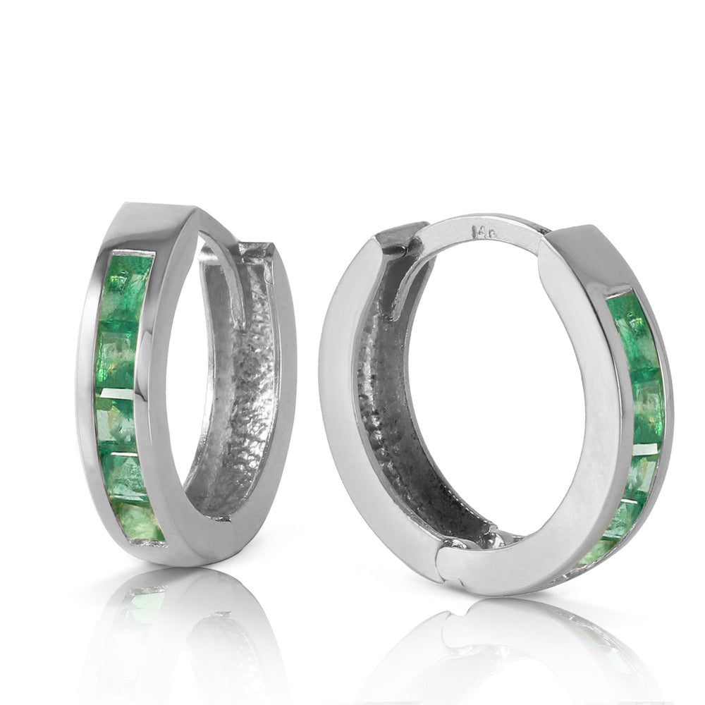 14k White Gold Hoop Huggie Earrings with Natural Emeralds Image 2
