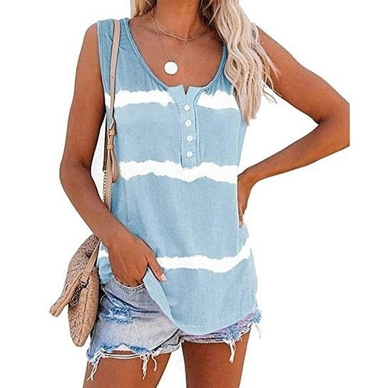 Deago Womens Tie-dye Sleeveless Tank Tops Summer Loose T Shirts Button Down Shirts Vest Blouse Image 2